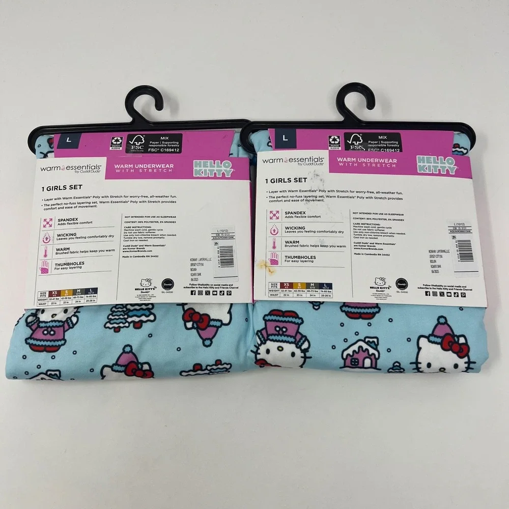 LOT of 2 Cuddl Duds Warm Essentials Thermal Girls L 10/12 Hello Kitty 2 pc Set